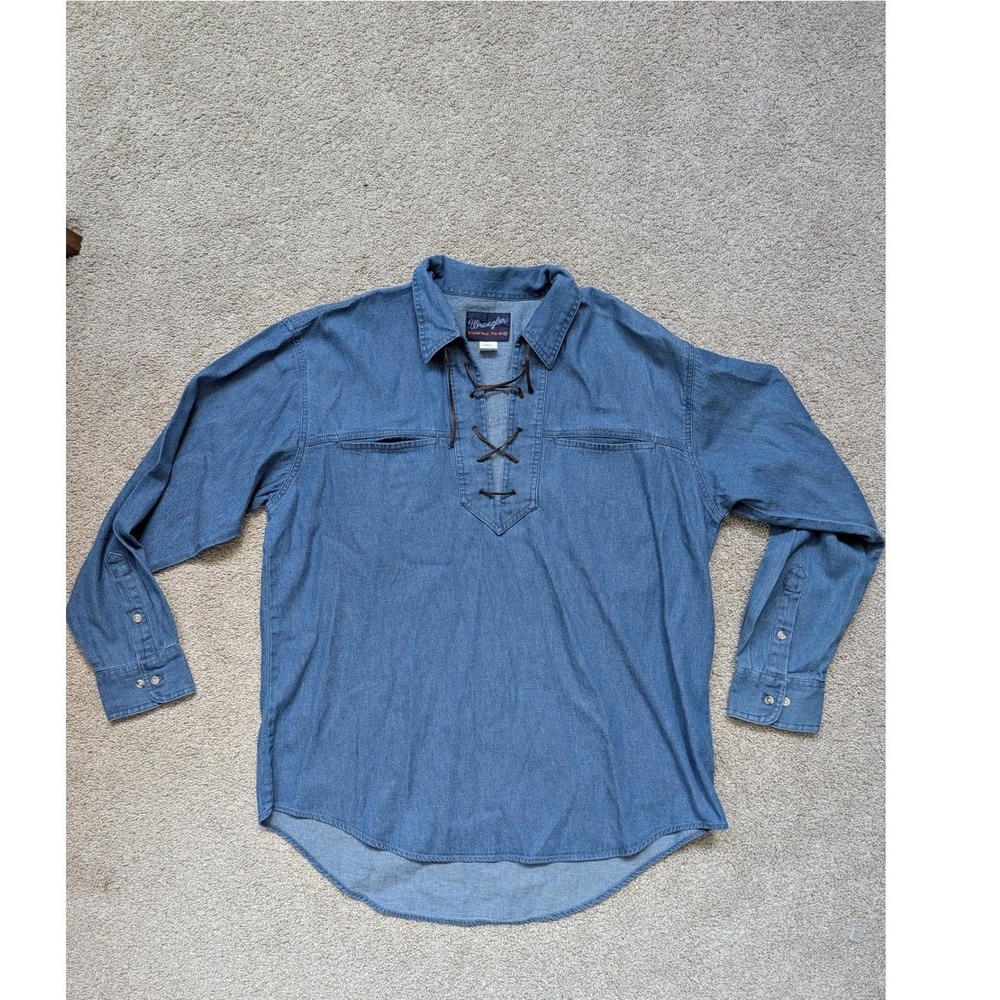 Vintage 1990's Wrangler Lace-Up Western Denim Shirt XL 100% Cotton